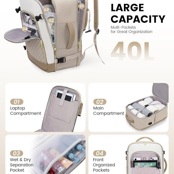 Large Travel Backpack for Women, TSA Carry on Backpack for Airplanes, 40L Person - Picture 5 of 9